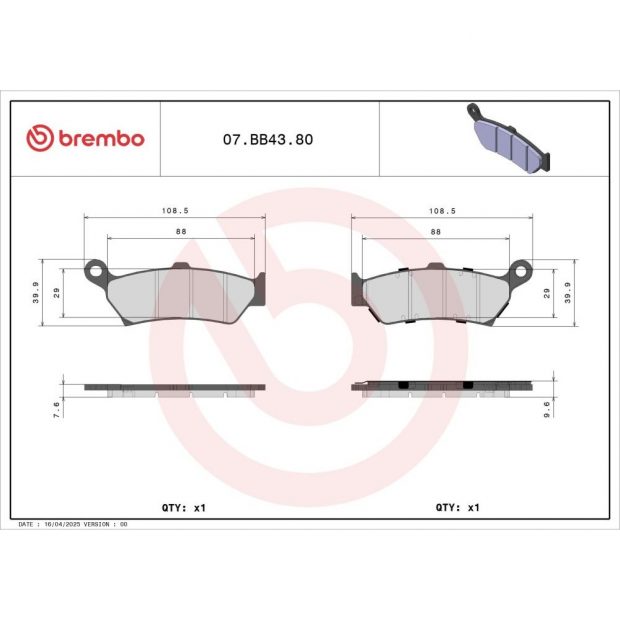 Plaquettes de frein BREMBO Genuine OEM 07BB4380 BMW R1300 GS - ADVENTURE 24-26 / R1300 R - RS - RT 25-26 (Arrière)